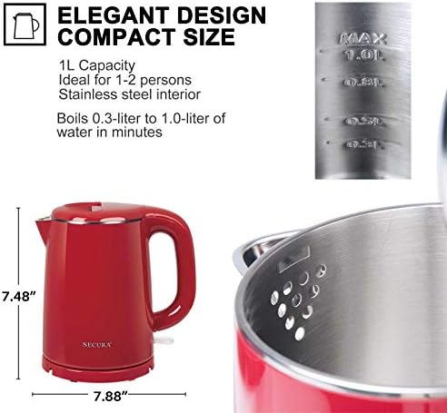 Secura Stainless Steel Double Wall Electric Kettle Water Heater for Tea Coffee w/Auto Shut-Off and Boil-Dry Protection, 1.0L (Orange) SWK-1001DO/HB-K012