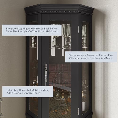 BELLEZE Lighted Wooden Corner Display Curio Cabinet, Two Section Shelving Unit with Tempered Glass Door