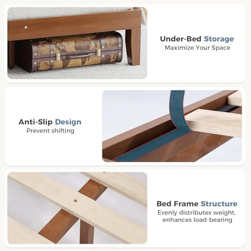 Solid Wood Bed Frame, Queen Size Platform Bed Frame with Headboard, Sturdy Wood Slat Support, Heavy Duty, No Box Spring Needed, Noise-Free, Easy Assembly
