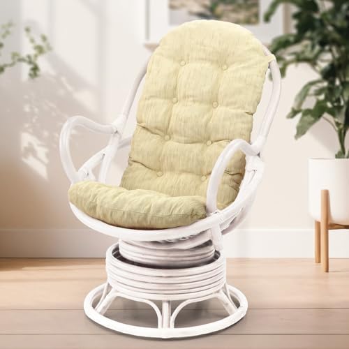 Lounge Swivel Rocking Java Chair Rattan Wicker Handmade with Cream Cushion, White Color