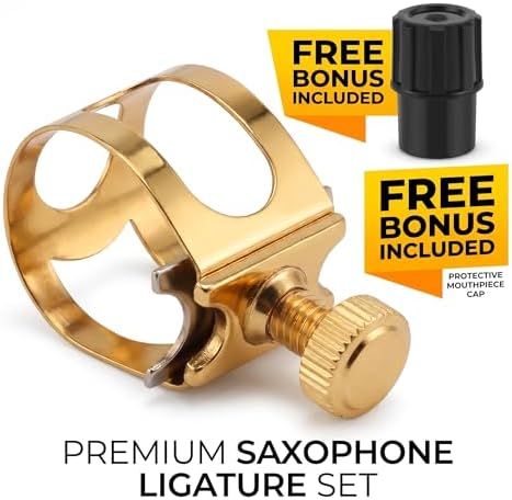 Professional Alto Saxophone Ligature for Metal Mouthpiece - Upgraded Single Screw Design, Gold Brass Ligature with Protective Cap for Slim Alto Sax Metal Mouthpieces