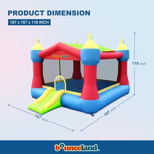 Bounceland Inflatable Party Castle Bounce House Bouncer, 16 ft L x 13 ft W x 10.3 ft H, Basketball Hoop, Removable Sun Roof, UL Strong Blower included