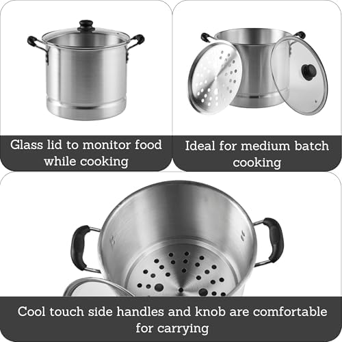 IMUSA USA Steamer with Glass Lid 20-Quart, Silver | Ideal for Tamales, Lobster
