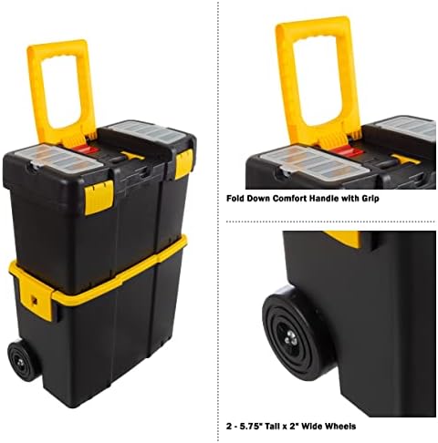Portable Tool Box on Wheels - Stackable 3-in-1 Chest for Workshops and Craft Rooms - Foldable Comfort Handle and Latches by Stalwart (Black/Yellow)