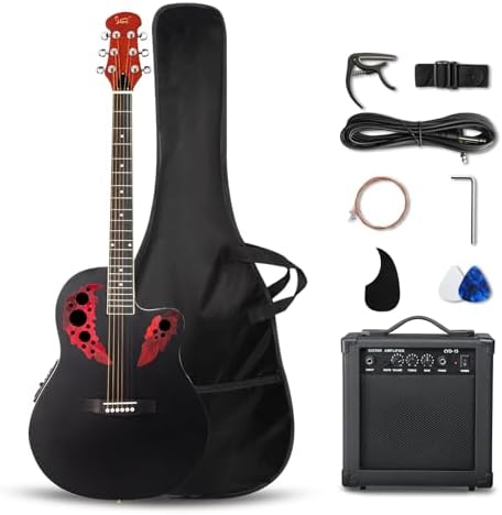 GLARRY 41in Acoustic Electric Guitar, Unique Round-back Design, 6 String Cutaway Guitar Beginner Kit with 15W Amp, EQ, Bag, Strap, Picks, Strings (Black With AMP, Full-Right Handed)