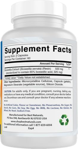 Best Naturals Boswellia Serrata Joint Health 250 mg 120 Capsules - Standardized to 65% Boswellic Acid (120 Count (Pack of 1))