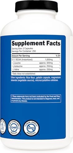 Nutricost BCAA 1000mg, 500 Capsules, 2:1:1 Branched Chain Amino Acids | 250 Servings, 500mg L-Leucine, 250mg L-Isoleucine, 250mg L-Valine