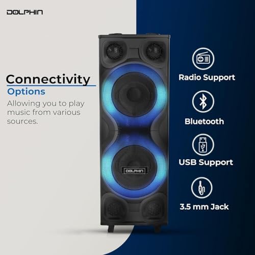 Dolphin Bluetooth Party Speaker with 2 Wireless Mics, Dual 12" Woofers | 120W Output, X-BASS, MDF Wood Cabinet, LED Infinity Lights, USB/TF/FM/AUX