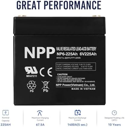 NPP 6V 225Ah AGM SLA Battery with T16 (M8) Terminal for Golf Cart (2 Pcs)
