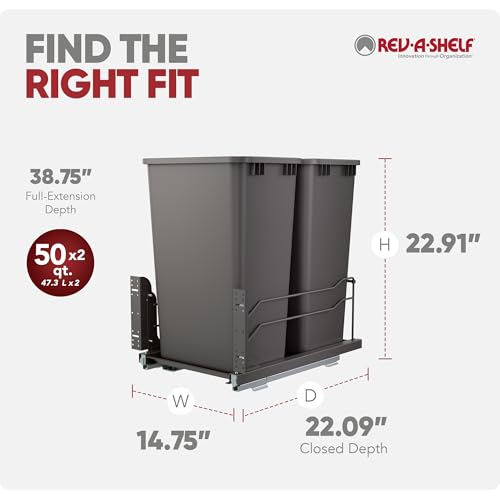 Rev-A-Shelf Double Pullout Trash Can w/Soft-Close Slides, 14.5" Min Opening | Large Capacity Garbage/ Recycling Bins for Full Height Kitchen Cabinets, Heavy Gauge Wire Construction, 53WC-2150SCDM-217