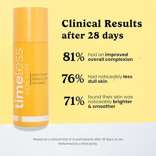 Timeless Skin Care Vitamin C Serum with Vitamin E & Ferulic Acid - Brightening Serum - for Oily & Dry Skin - Fragrance-Free - 1 oz | Vitamin C Serum for Even Skin Tone and Collagen Support, Antioxidant-Rich Advanced Skincare Formula, Lightweight