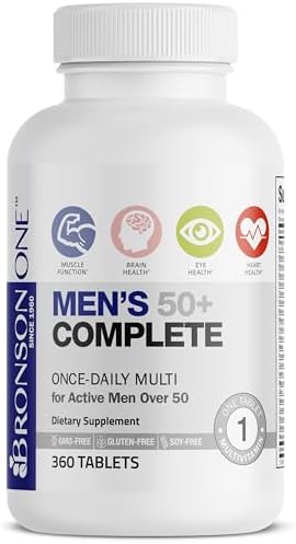 Bronson ONE Daily Mens 50+ Complete Multivitamin Multimineral, 180 Tablets | Once-Daily, Targeted Nutrition For Active Men Over 50, Non-GMO, Gluten-Free, Soy-Free