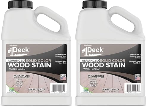 #1 Deck Premium Advanced Solid Color Outdoor Wood Stain and Sealer in One – Water Based Sealant for Wood Decks, Fences, & Siding - 1 Gal - Made in USA - Simply White