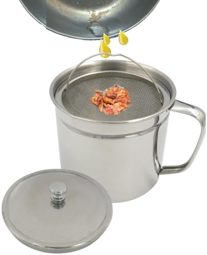 Evelots Cooking Oil Storage Can-Bacon Grease Keeper-Stainless Mesh Strainer-Easy Grip Handle-Large 5 Cup Fat Storage