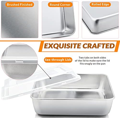 E-far 8 x 8-Inch Baking Pan with lid, Square Cake Brownie Baking Pans Stainless Steel Bakeware Set of 2, Non-toxic & Healthy