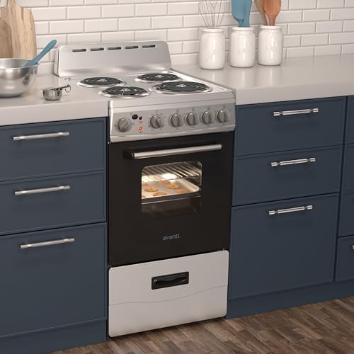 Avanti Electric Range Oven Compact Design, 2.1-Cu.Ft. Capacity with 4 Coil Burners, Framed Glass Oven Door, Storage Drawer and Broiler with Pan, 20-Inch, White