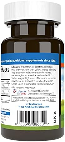Carlson Lutein, 6 mg, + Zeaxanthin, Made with Lutemax 2020, 60 Softgels | Healthy Vision; Eye Function