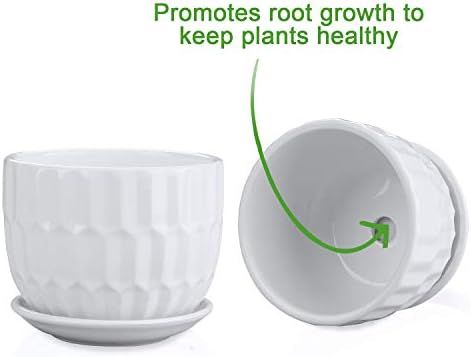 Flower Pots, 4 Inch Cylinder Ceramic Plant Pots with Connected Saucer, Mini Ceramic Planters for Succulent and Little Snake Plants (6 Pack, White)