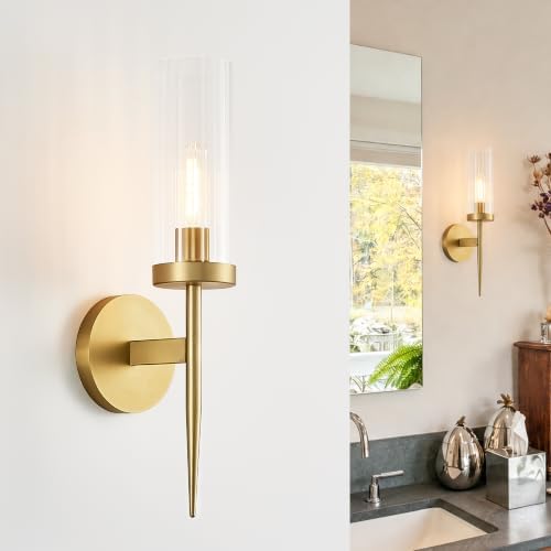 Modern Brushed Brass Wall Sconce, 1-Light Wall Lamp with Clear Glass Shade | H16.9", Mounted Light, with E12 Socket, Ideal for Bathroom Vanity Mirror