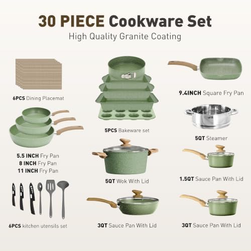 MAISON ARTS 30 Piece Pots and Pans Set, Kitchen Cookware Sets Non Stick | Induction Compatible, PFOA & PFOS Free, Bakeware Sets with Baking Tray, Frying Pan and Saucepan, Green