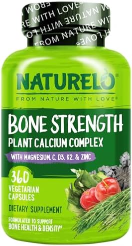 NATURELO Calcium Supplement with Vitamin C, D3, K2, 120 Vegetarian Capsules | Magnesium & Zinc for Bone Strength,Plant-Based Calcium 600mg , Non-GMO, Soy & Gluten-Free
