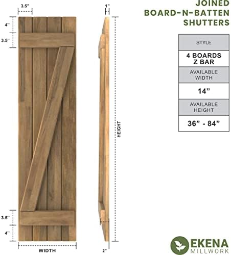 14"W x 62"H Americraft Four Board (2 Batten) Exterior Real Wood Joined Board-n-Batten Shutters w/Z-Bar (Per Pair), Unfinished