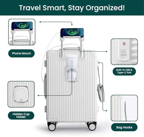 Nobl Travel Carry on Luggage, Zipperless Aluminum Frame, TSA Locks | PC Hard Shell Suitcase, Airline Approved, 360° Spinner Wheels, USB Charging Port, Cup & Phone Holder, 22.5x15x9.5, Ivory