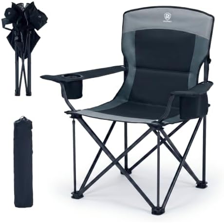 EVER ADVANCED High Back Folding Camping Chair Oversized and Fully Padded, Portable Quad Camp Lawn Chair Up to 400 lbs, with Cup Holder Armrest Carrying Bag