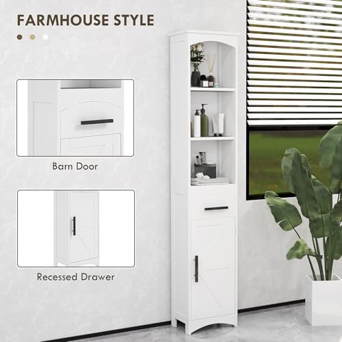 HOMCOM Tall Bathroom Storage Cabinet, Farmhouse Bathroom Cabinet, White | Narrow, Recessed Drawer, Barn Door