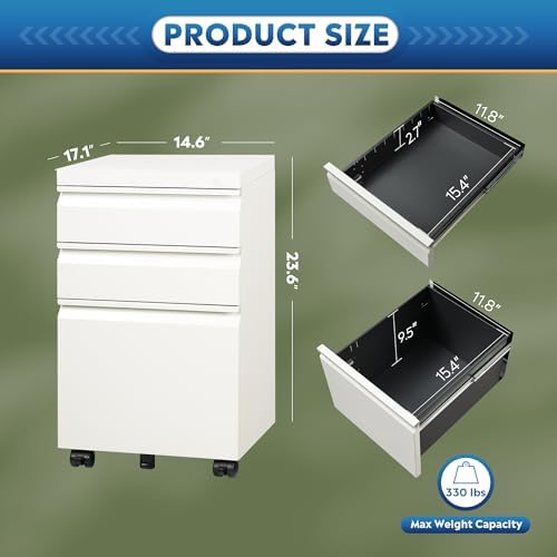 DEVAISE 3 Drawer Mobile File Cabinet with Lock, Under Desk Metal Filing Cabinet for Home Office/Legal/Letter/A4 File, Fully Assembled Except Wheels, Black