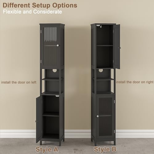 ChooChoo Narrow Bathroom Storage Cabinet with Light， Space Saving | Space Saving,Tall Bathroom Storage Cabinet, 5-Tier, 2 Doors, Slim, Freestanding, Adjustable Shelves, Black