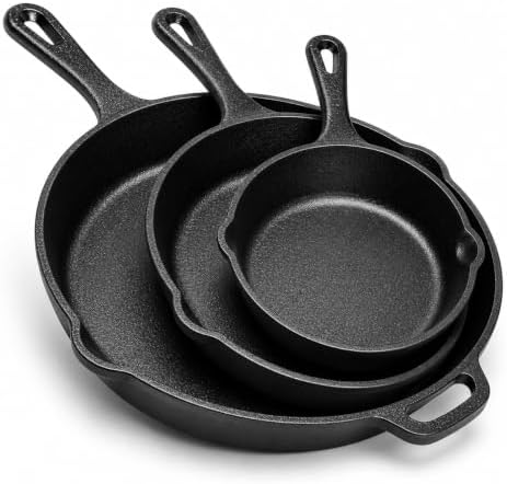 Cast Iron Skillet 3-Piece Set w/Cookbook - Heavy-Duty Professional Restaurant Chef Quality Pre-Seasoned Pan Cookware - 10", 8", 6.25" Pans - For Frying, Saute, Cooking, Pizza - Black