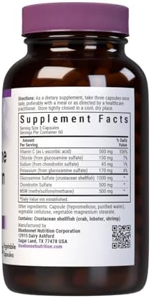 Bluebonnet Nutrition Glucosamine Chondroitin Plus MSM, Glucosamine, Chondroitin Sulfate, Vitamin C & OptiMSM, Bone & Joint Health, Non GMO, Gluten Free, Soy Free, Milk Free, 180 Vegetable Capsules | Bone & Joint Health; Non-GMO, Gluten-Free, Soy-Free, Da…