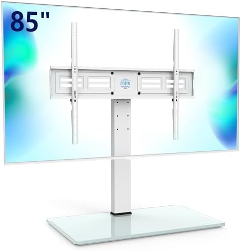 FITUEYES Universal TV Stand with Swivel Mount for 50-85 inch Flat Screens - Height Adjustable Tempered Glass Base Holds up to 143 lbs