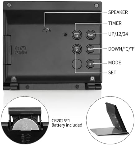 Betus Digital Travel Alarm Clock - Foldable Calendar Temperature Timer LCD Clock with Snooze Mode - Large Number Display, Battery Operated - Compact Desk Clock(Silver, No Backlight)