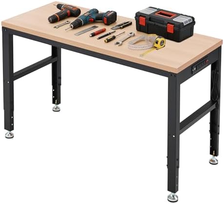 Antifir 60" Adjustable Workbench, Heavy Duty Wood Workstation | Garage Workbench, 2000 LBS Load Capacity, Work Table with Power Outlet and Foot Pads for Commercial, Workshop, Office, Home