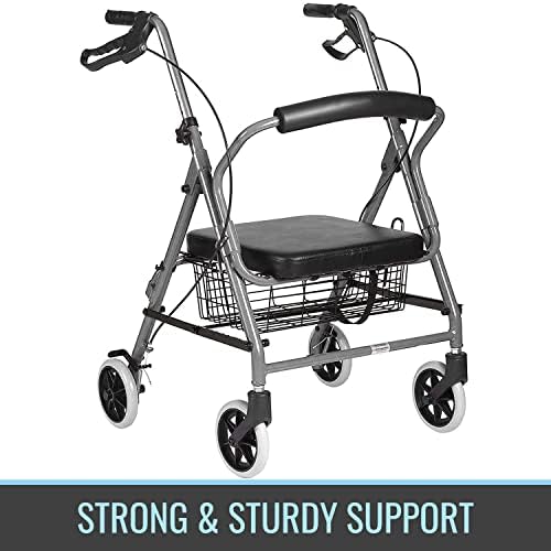 DMI Ultra Lightweight Folding Aluminum Hemi Rollator with Padded Seat, Basket and Adjustable Handle Height, Mobility Walker, Easily Fords