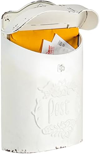 Red Co. 10.5” x 15” Decorative Distressed Metal Wall-Mounted Post Mailbox, Farmhouse White