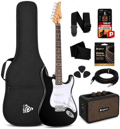 Pyle Electric Guitar and Amp Kit - Full Size 39" Complete Starter Kit with Wearable Bluetooth Amplifier, 1/4” Cable, Carry Case, Strap, Strings, Picks, Cleaning Cloth, ST-Style Pickups (Black)