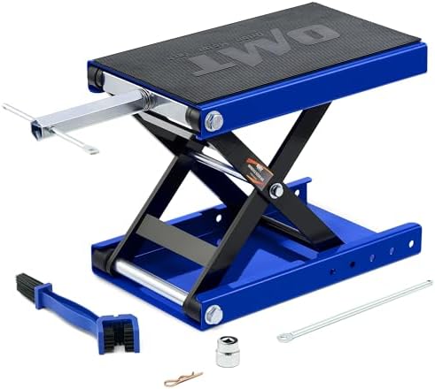 OMT 1100lb Motorcycle Scissor Lift Jack Wide Deck Motorbike Hoist Stand | Center Stand For ATV Dirt Bike Cruiser; T Handle And 3/8 Inch Socket; 3.7 To 14.6 Inch Lift; 5 Locking Holes; Chain Brush