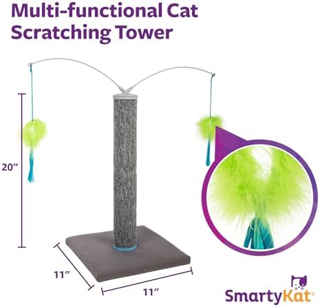 SmartyKat Scratch 'N Spin Carpet Cat Scratching Post with 2 Spinning Wand Toys, Plus 2 Replacement Wands - Gray & Blue