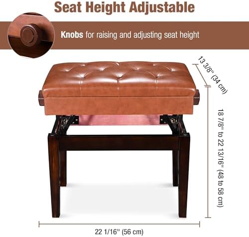 AW Adjustable Piano Bench with Storage Brown Wooden Keyboard Stool Seat | Leather Cushion Paino Chair for Piano Shop Music School Studio Capacity 400lbs