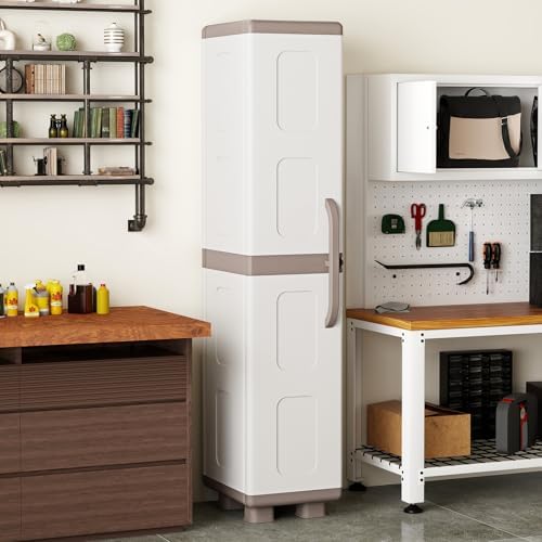 GIANTEX Storage Cabinet with 2 Doors and Adjustable Shelves, Modern Plastic Base Garage Organizer, Floor Sideboard for Kitchen, Dining Room, Bathroom (Wide-29"x19"x37",White+Brown)