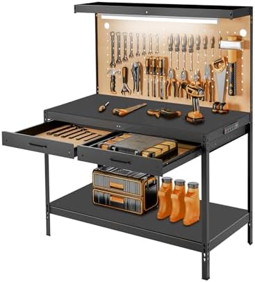Pterying Work Benches for Garage, 3-Tier, A3 Steel | For Garage, Workshop & Basement, 2 Drawers, 4 AC Outlets, 2 USB Ports, Pegboard, 12 Hooks