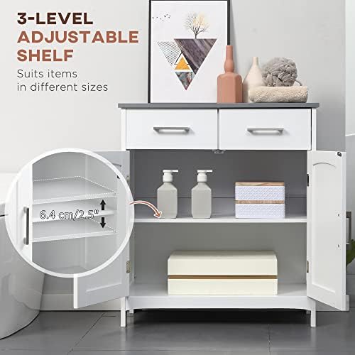 kleankin Bathroom Floor Cabinet Freestanding Linen Cabinet 2 Drawers White | Double Doors, Adjustable Shelf