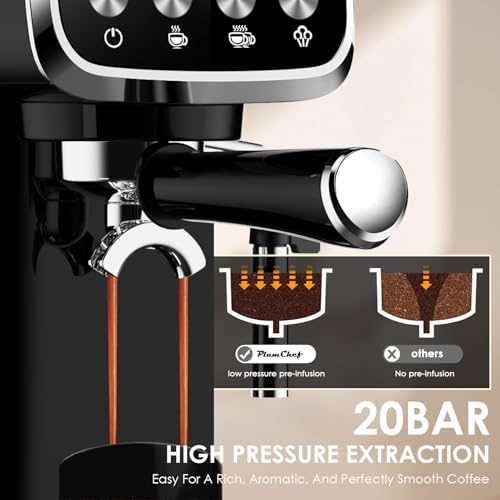 Plum chef Espresso Machine 20 Bar, Household Coffee Maker with Milk Frother Steam Wand, Pressure Gauge, 54oz Large Water Tank, Low Noise Fast Brew for Cappuccino Latte Macchiato Home Office
