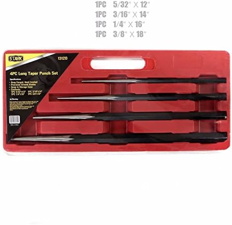 Stark USA 4-Pieces Long Taper Punch Set, Alignment Punch Set Tool Alignment Punch Kit Mechanics Steel 12" - 18" inch