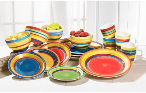 BrylaneHome 16 Piece Santa Fe Hand-Painted Striped Stoneware Dinnerware Set - Multi Stripe