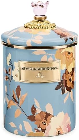 MACKENZIE-CHILDS Enamel Canister, Medium, White Butterfly Garden | Hand-applied design, made from enameled steel, versatile kitchen storage container for flour and sugar, 48-ounce capacity