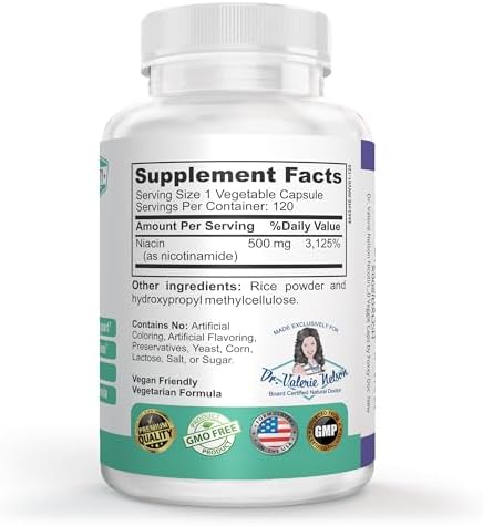 Nicotinamide 500 mg - Vitamin B3 – Energy; Cell & Skin Health. Value Priced - Flush-Free - 120 Veggie Caps by Foxxy Doc